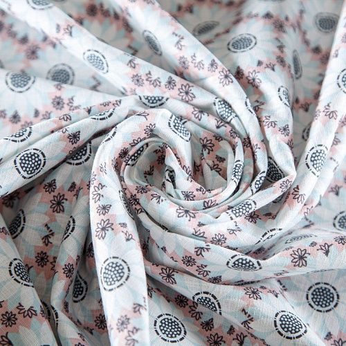 Лен натуральный 035-07870 выбеленный голубой принтованный