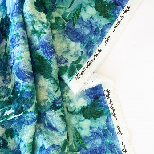 Лен натуральный К36-083 молочно-голубой принтованный